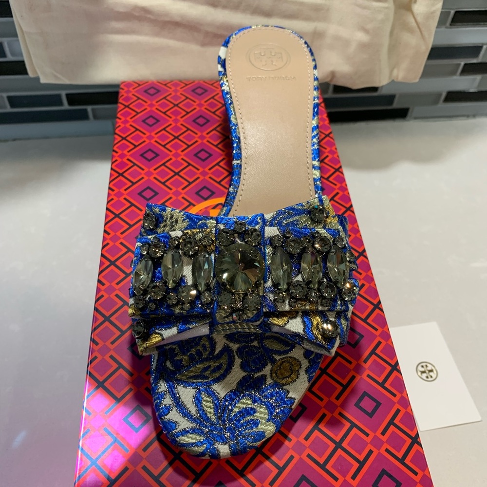 Tory Burch New Valentina Blue Metallic Brocade Bow Slide Sandals Size 7.5